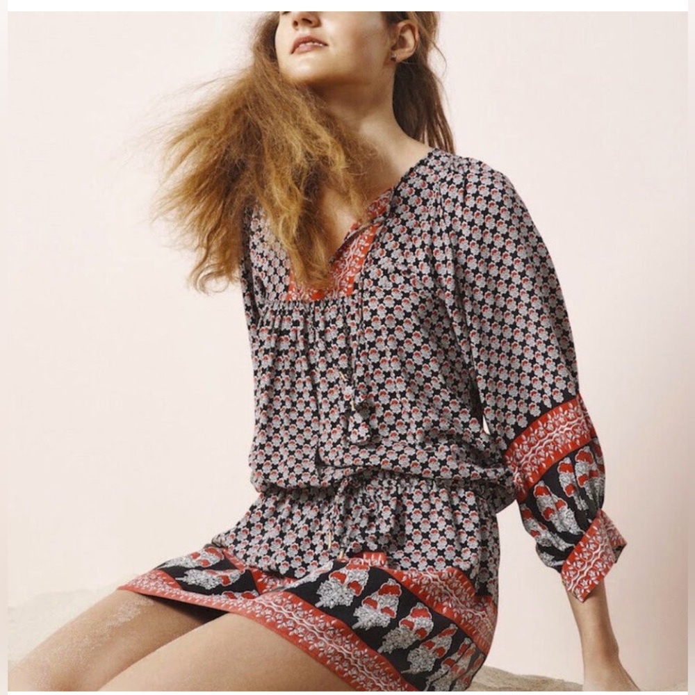 Ulla Johnson Bazaar Dark Indian Floral Printed Silk Boho Tunic Shirt Dress SZ 8